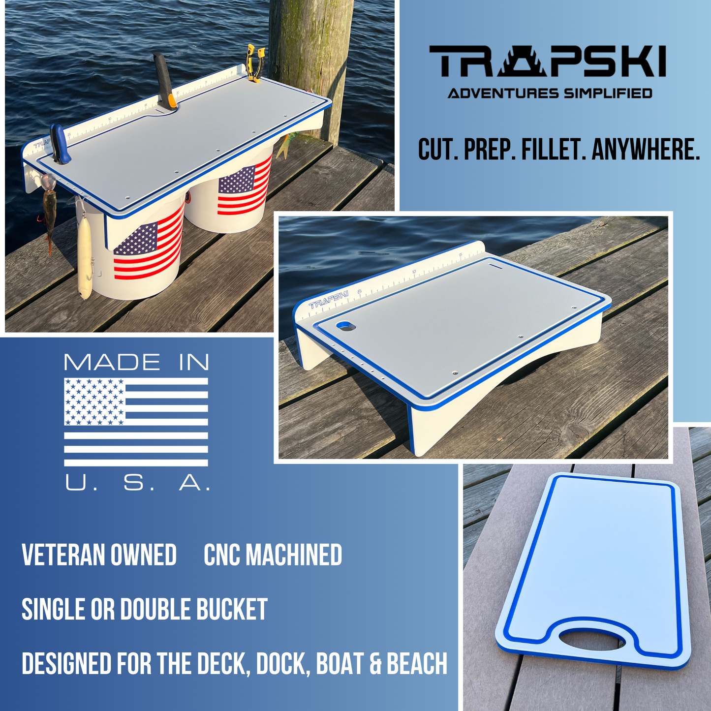 Premium Rod Mount 18" or 33" Raised Fillet Table – 3-in-1 Bait & Fish Station | Fits Rod Holders, Buckets & Flat Surfaces | Marine-Grade HDPE | Ruler, Juice Groove, Knife & Tool Slots